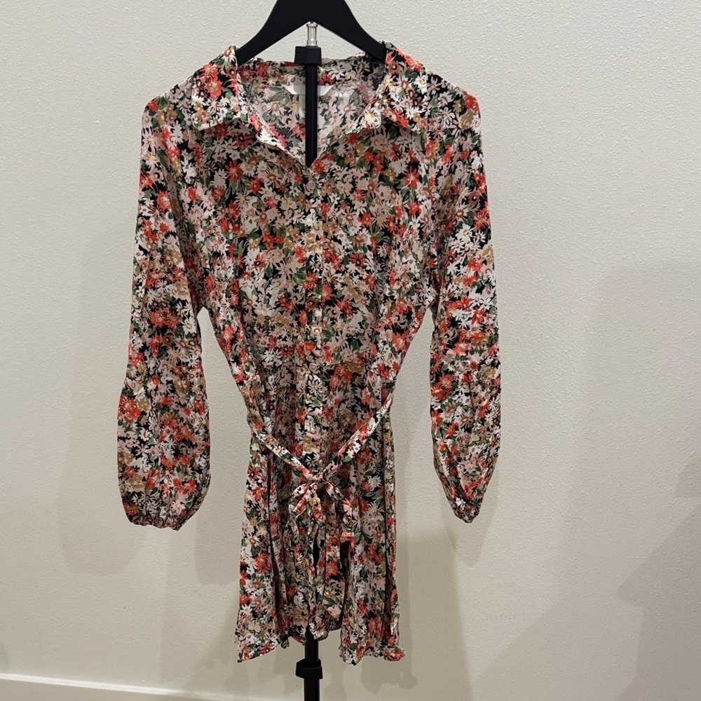 H&M‎ Floral Long-Sleeve Shirt Dress - Pink, Green, Black